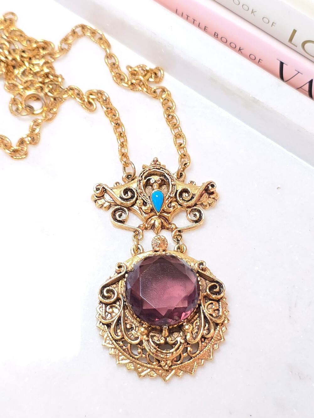 Florenza Signed Vintage Gold Tone and Purple Rhinestone Chain Necklace.